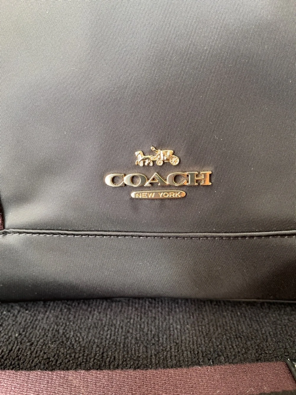 Unisex Coach Black Nylon Tote with Burgundy-Trim Straps